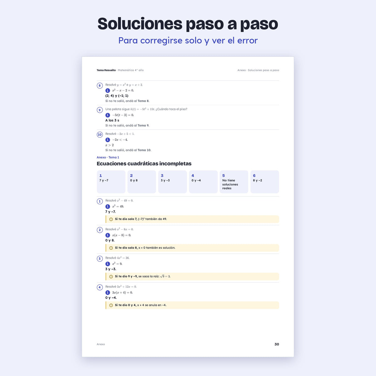 4to año (3ro CABA) · Unidad 2: Ecuaciones cuadráticas – Soluciones paso a paso
