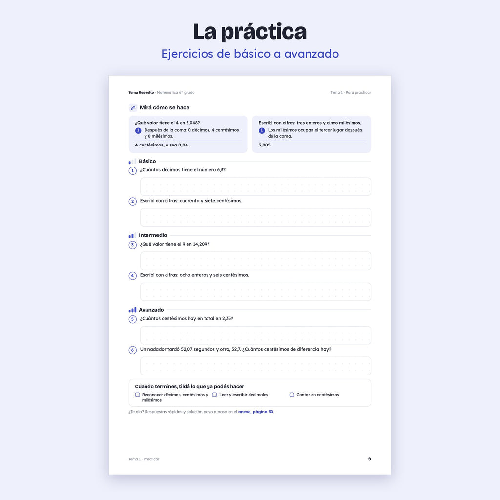 6to grado · Unidad 3: Decimales – Ejercicios de práctica